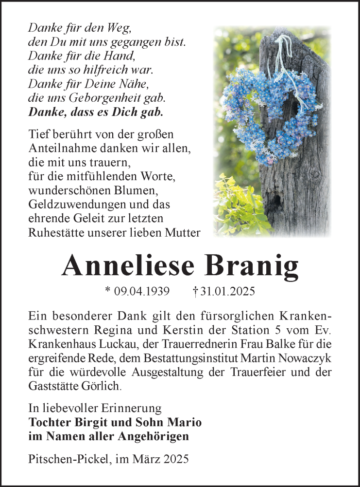  Traueranzeige für Anneliese Branig vom 29.03.2025 aus Lausitzer Rundschau