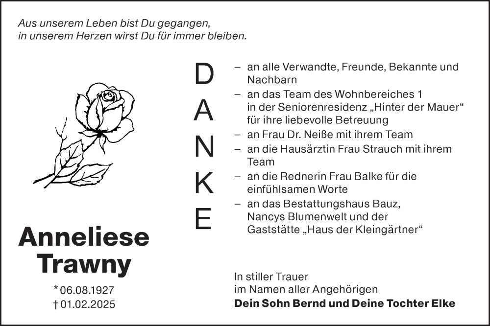  Traueranzeige für Anneliese Trawny vom 08.03.2025 aus Lausitzer Rundschau