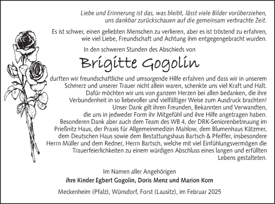 Traueranzeige von Brigitte Gogolin von Lausitzer Rundschau