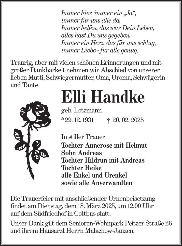  Traueranzeige für Elli Handke vom 01.03.2025 aus Lausitzer Rundschau