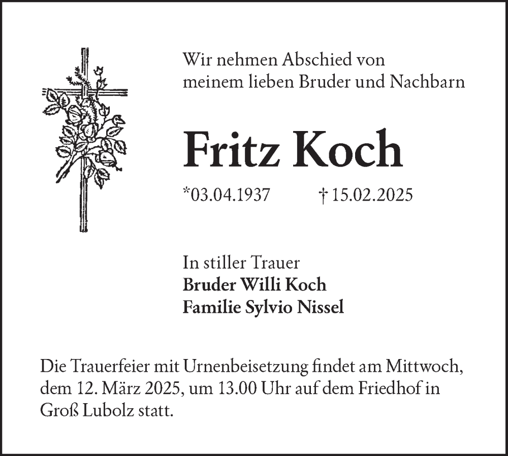  Traueranzeige für Fritz Koch vom 01.03.2025 aus Lausitzer Rundschau