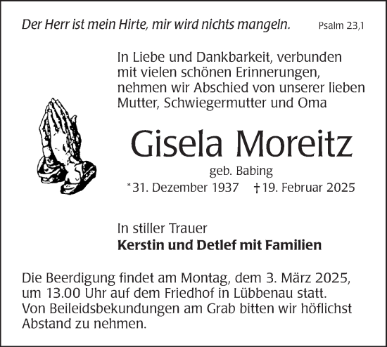 Traueranzeige von Gisela Moreitz von Lausitzer Rundschau