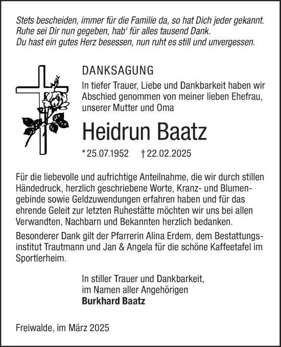 Traueranzeige von Heidrun Baatz von Lausitzer Rundschau