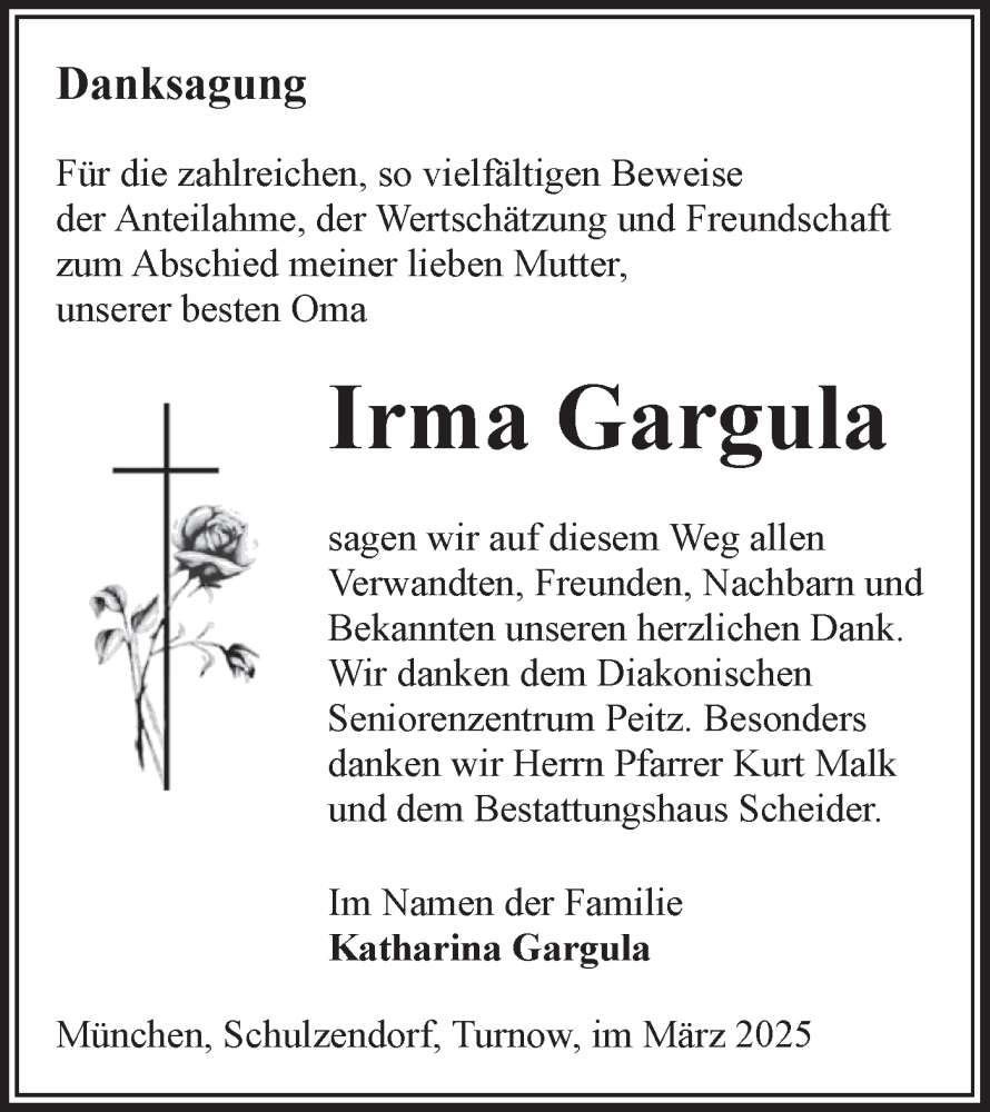  Traueranzeige für Irma Gargula vom 22.03.2025 aus Lausitzer Rundschau