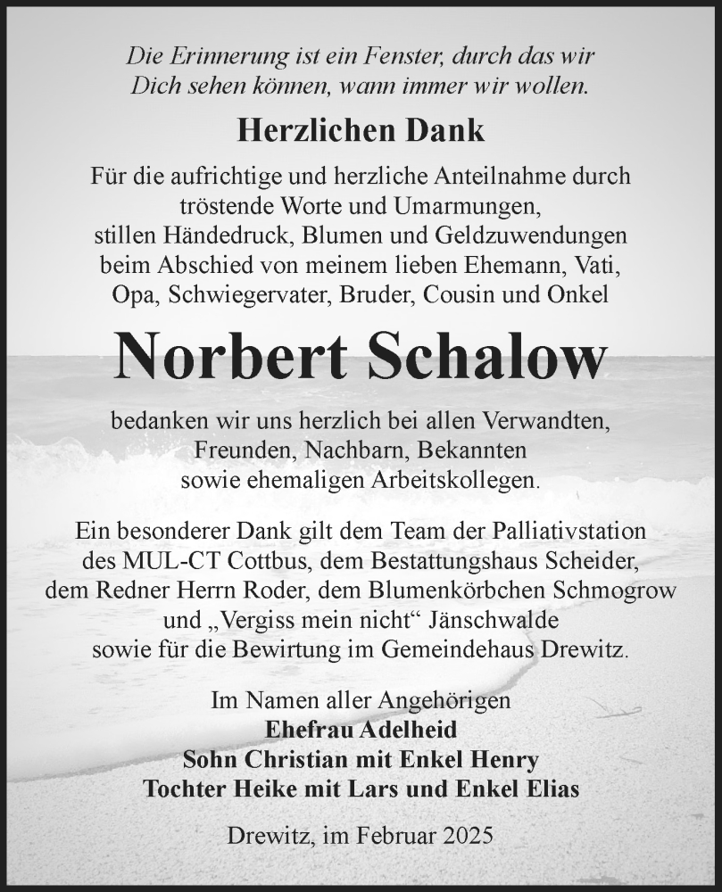  Traueranzeige für Norbert Schalow vom 01.03.2025 aus Lausitzer Rundschau
