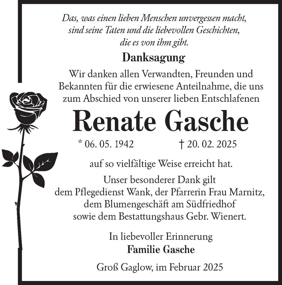  Traueranzeige für Renate Gasche vom 15.03.2025 aus Lausitzer Rundschau