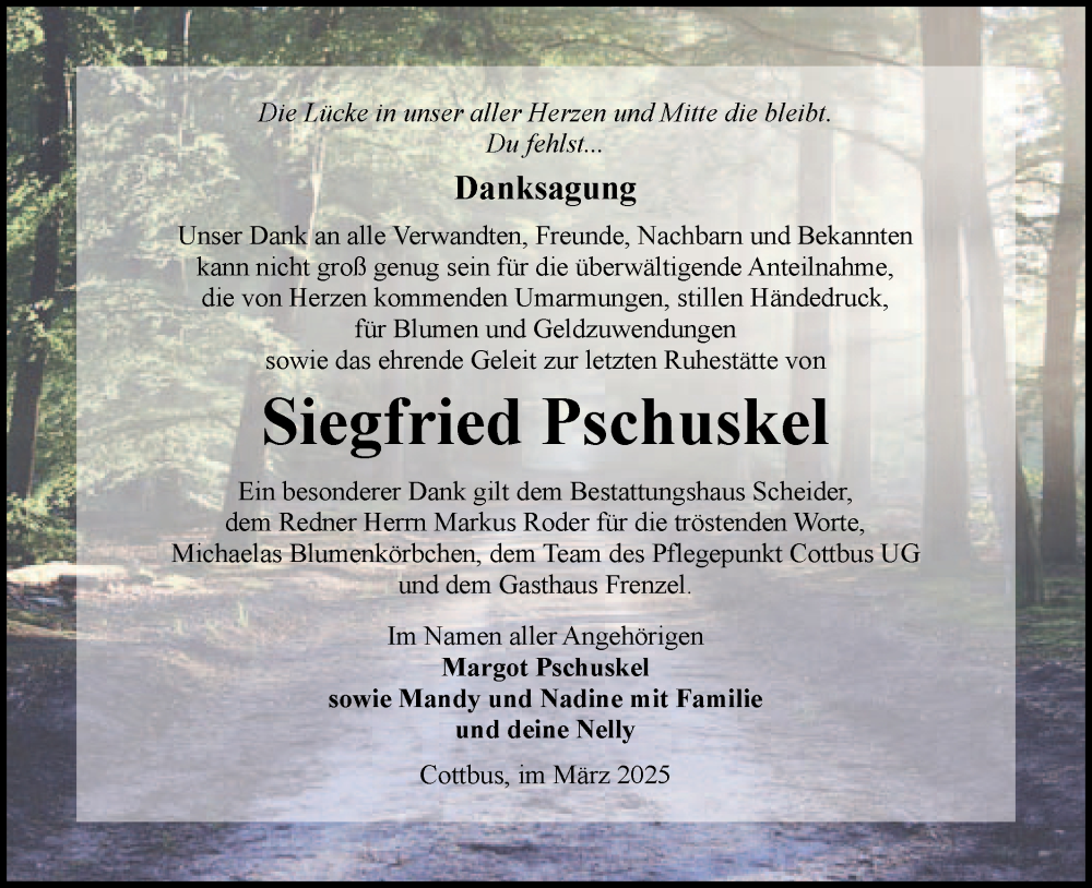  Traueranzeige für Siegfried Pschuskel vom 29.03.2025 aus Lausitzer Rundschau