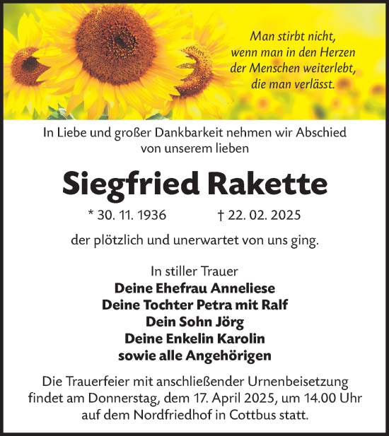 Traueranzeige von Siegfried Rakette von Lausitzer Rundschau