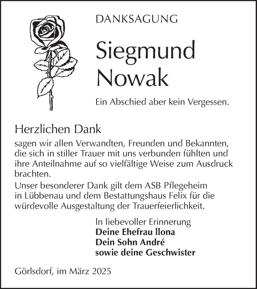  Traueranzeige für Siegmund Nowak vom 29.03.2025 aus Lausitzer Rundschau
