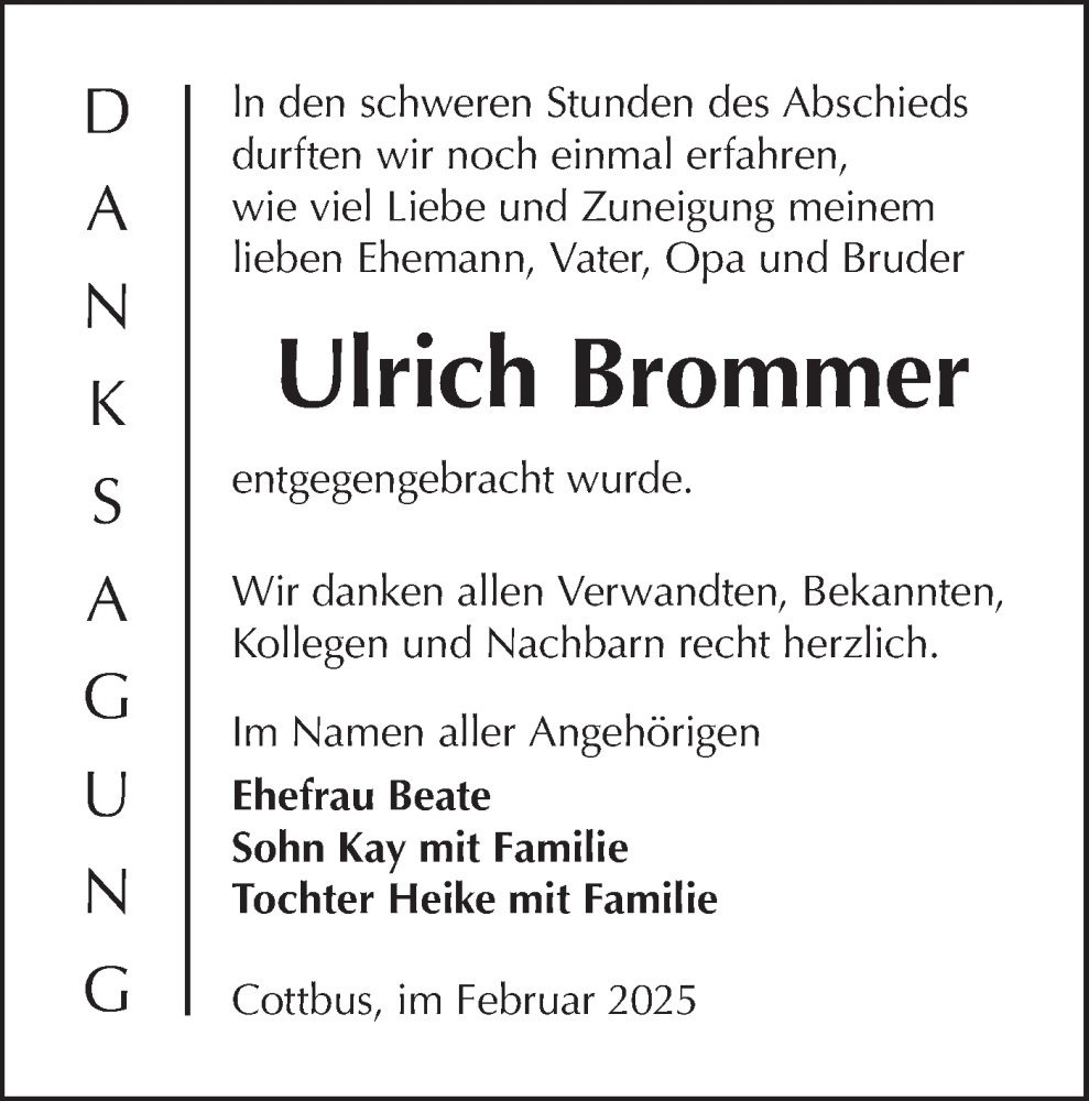  Traueranzeige für Ulrich Brommer vom 15.03.2025 aus Lausitzer Rundschau