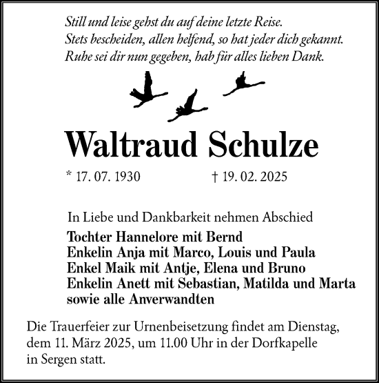 Traueranzeige von Waltraud Schulze von Lausitzer Rundschau