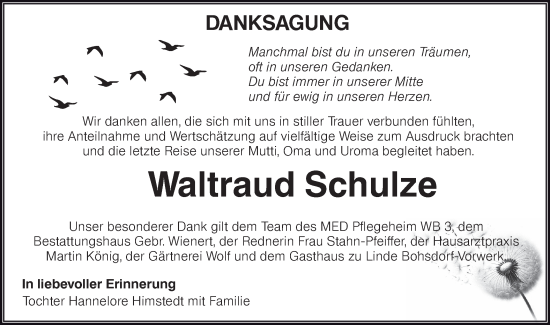 Traueranzeige von Waltraud Schulze von Lausitzer Rundschau