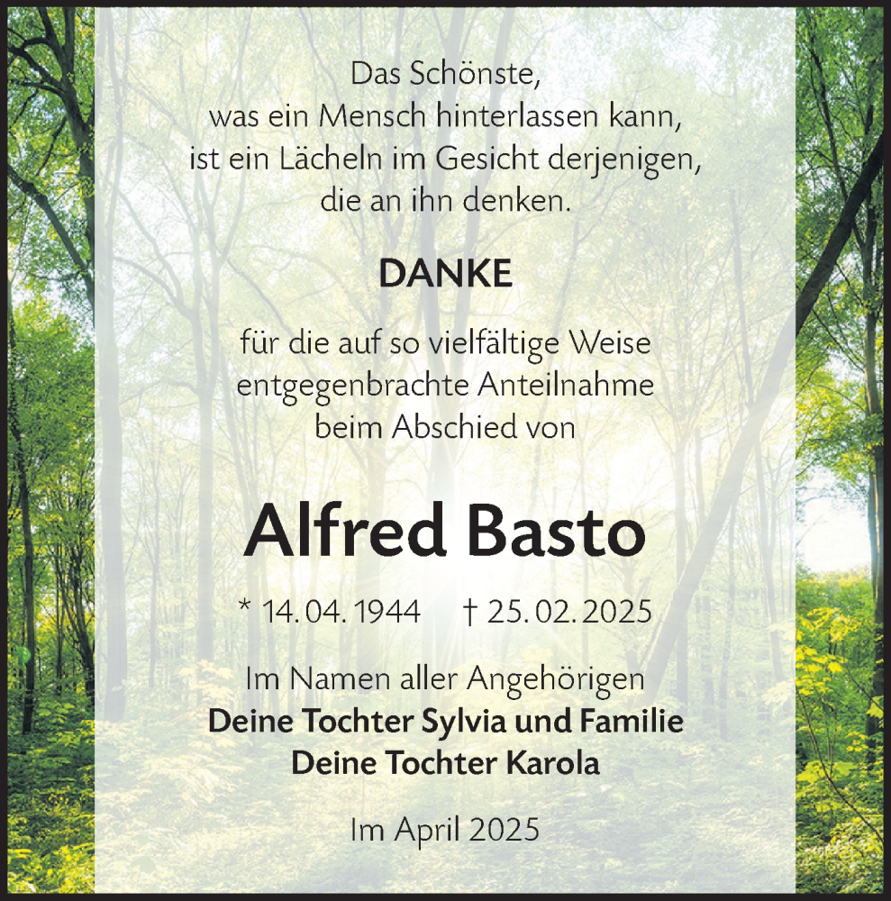 Traueranzeige für Alfred Basto vom 26.04.2025 aus Lausitzer Rundschau