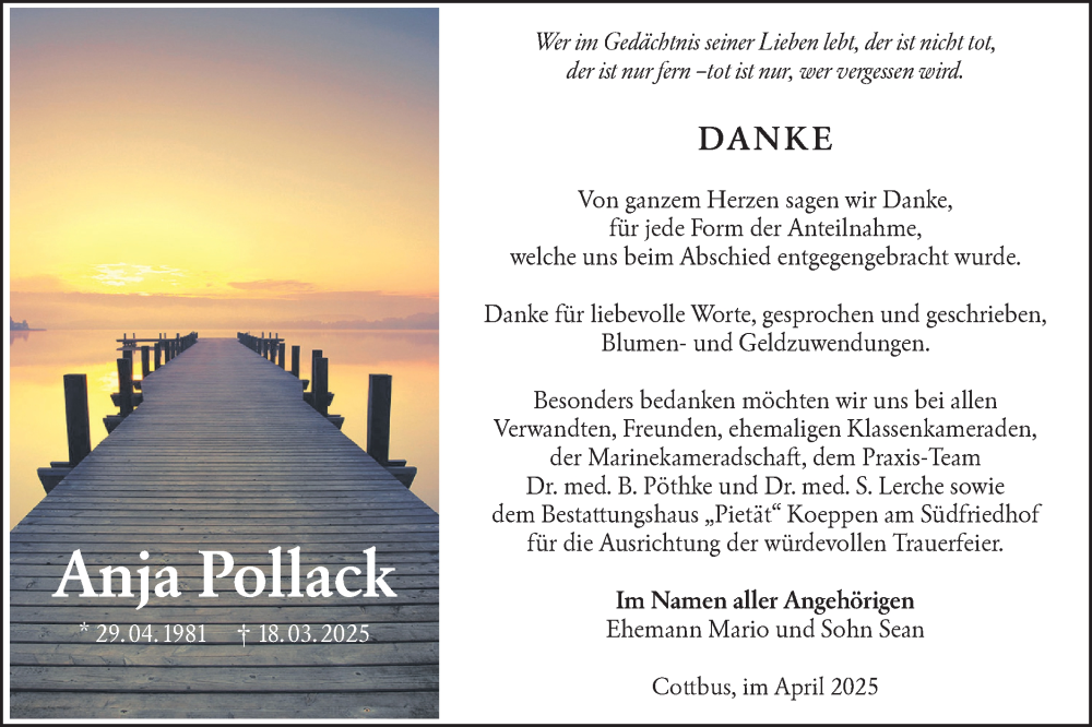  Traueranzeige für  Anja Pollack  vom 19.04.2025 aus Lausitzer Rundschau