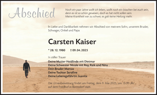 Traueranzeige von Carsten Kaiser von Lausitzer Rundschau