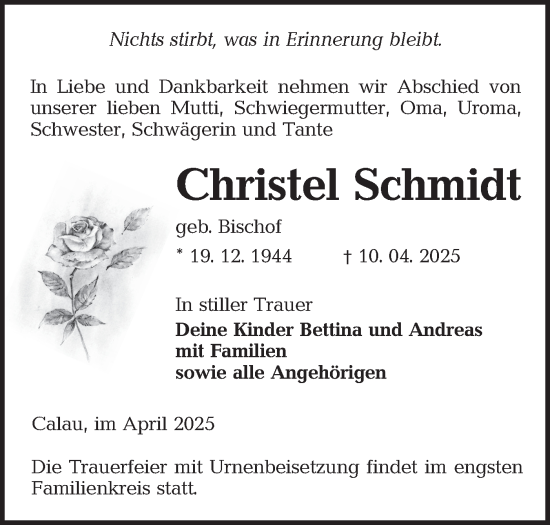Traueranzeige von Christel Schmidt von Lausitzer Rundschau