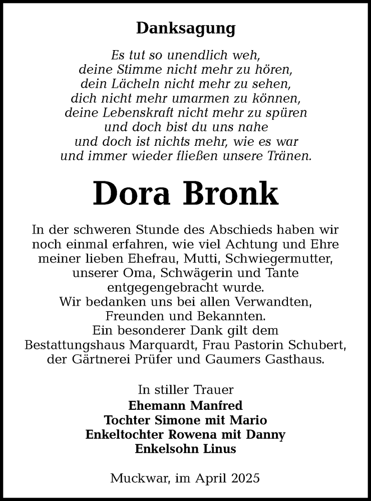  Traueranzeige für Dora Bronk vom 26.04.2025 aus Lausitzer Rundschau