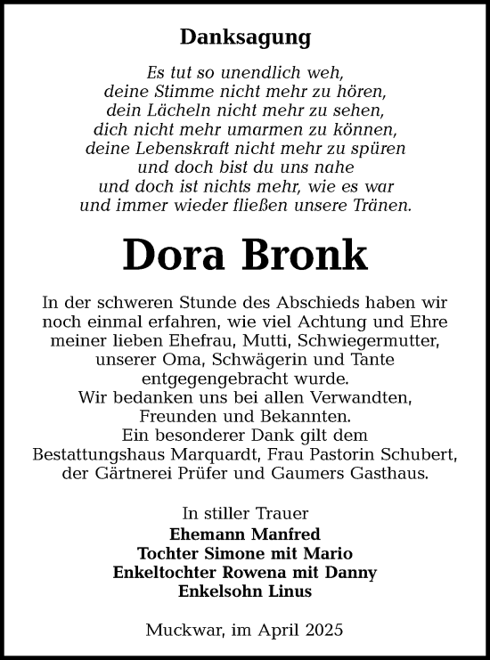 Traueranzeige von Dora Bronk von Lausitzer Rundschau