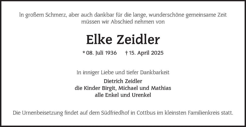  Traueranzeige für Elke Zeidler vom 26.04.2025 aus Lausitzer Rundschau