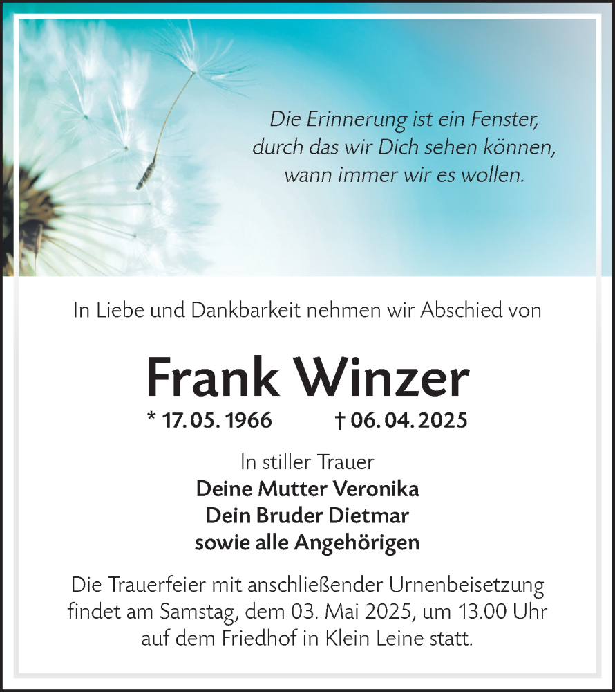  Traueranzeige für Frank Winzer vom 26.04.2025 aus Lausitzer Rundschau