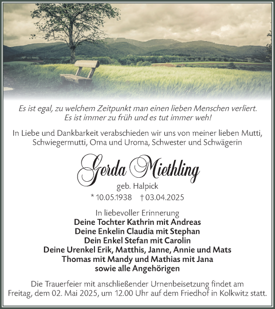 Traueranzeige von Gerda Miethling von Lausitzer Rundschau