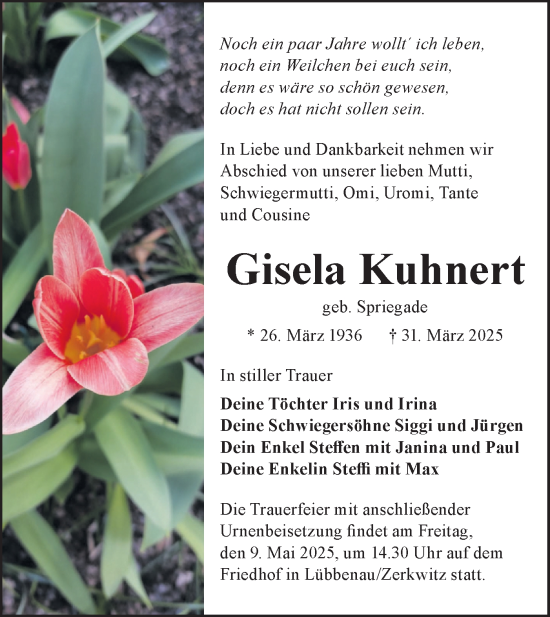 Traueranzeige von Gisela Kuhnert von Lausitzer Rundschau
