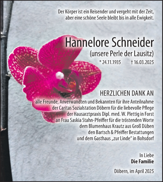 Traueranzeige von Hannelore Schneider von Lausitzer Rundschau