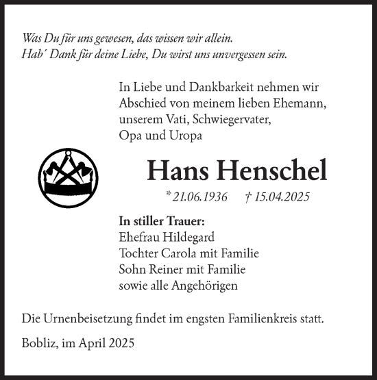 Traueranzeige von Hans Henschel von Lausitzer Rundschau
