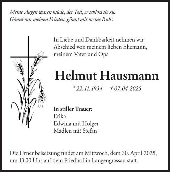 Traueranzeige von Helmut Hausmann von Lausitzer Rundschau
