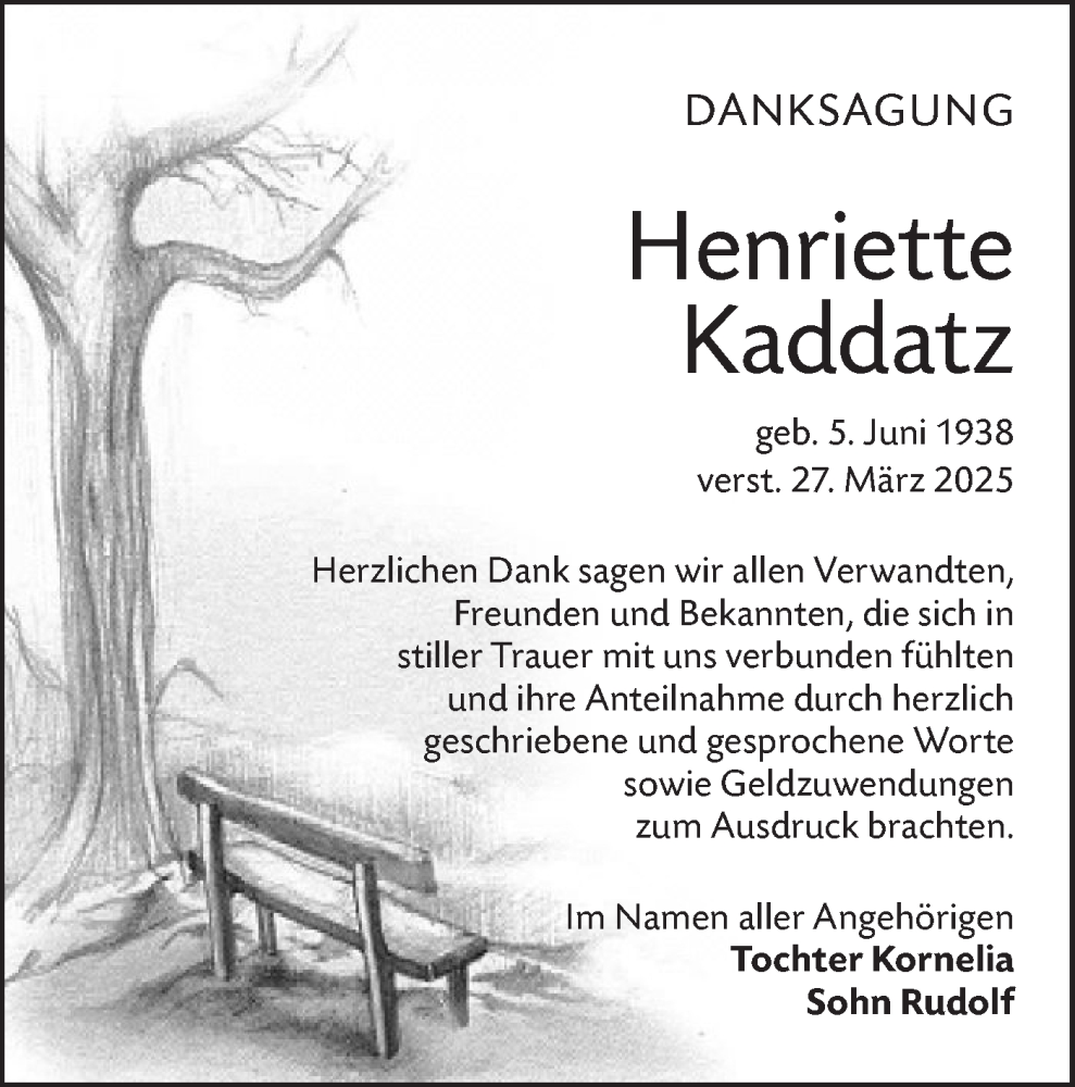  Traueranzeige für Henriette Kaddatz vom 19.04.2025 aus Lausitzer Rundschau
