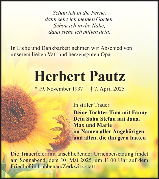 Traueranzeige von Herbert Pautz von Lausitzer Rundschau