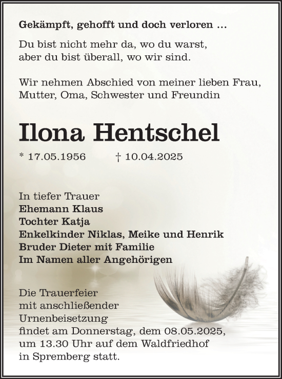 Traueranzeige von Ilona Hentschel von Lausitzer Rundschau