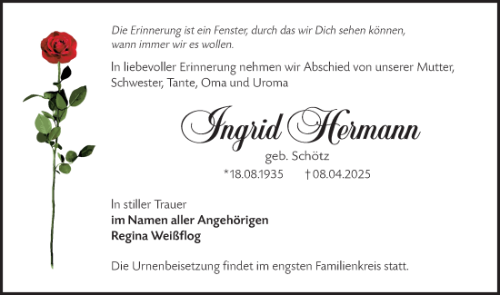 Traueranzeige von Ingrid Hermann von Lausitzer Rundschau