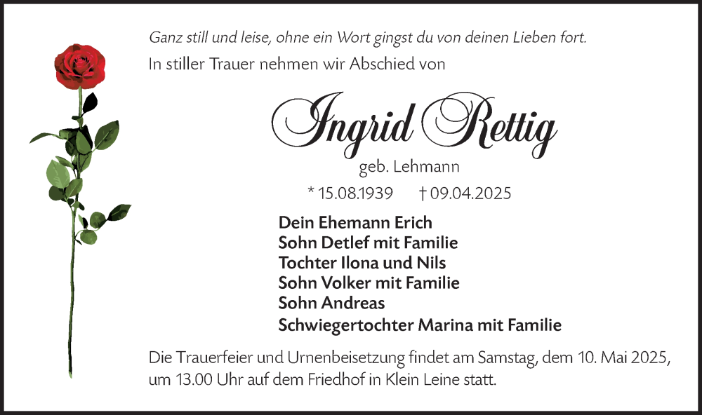  Traueranzeige für Ingrid Rettig vom 26.04.2025 aus Lausitzer Rundschau