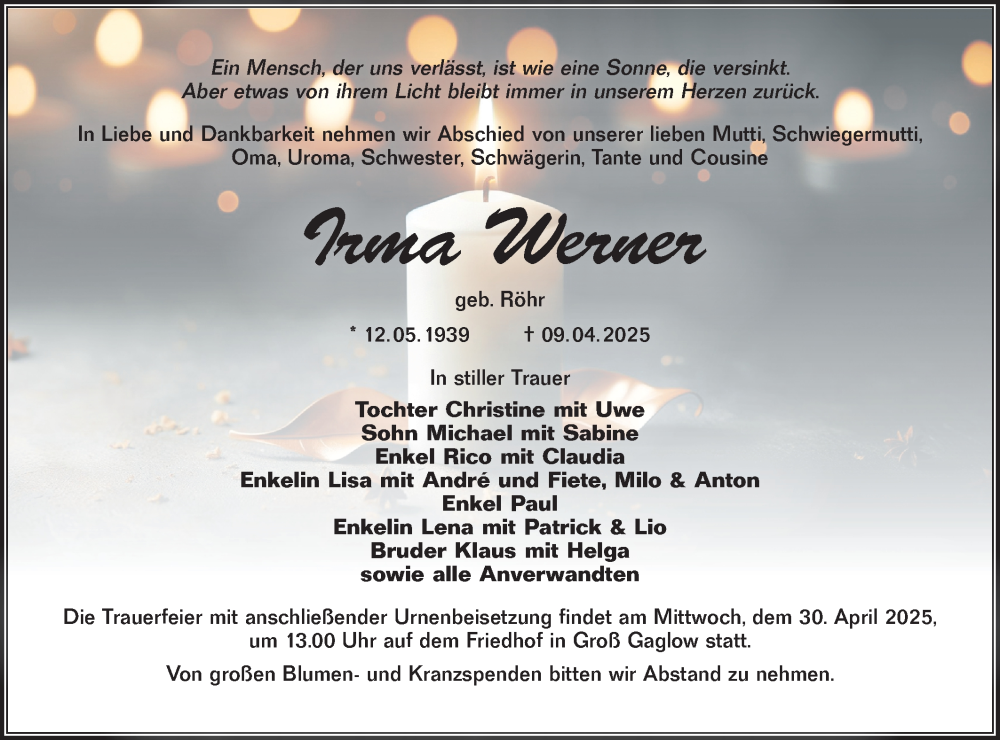  Traueranzeige für Irma Werner vom 19.04.2025 aus Lausitzer Rundschau