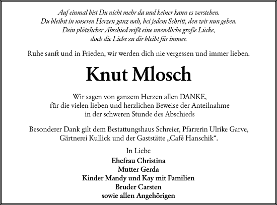 Traueranzeige von Knut Mlosch von Lausitzer Rundschau