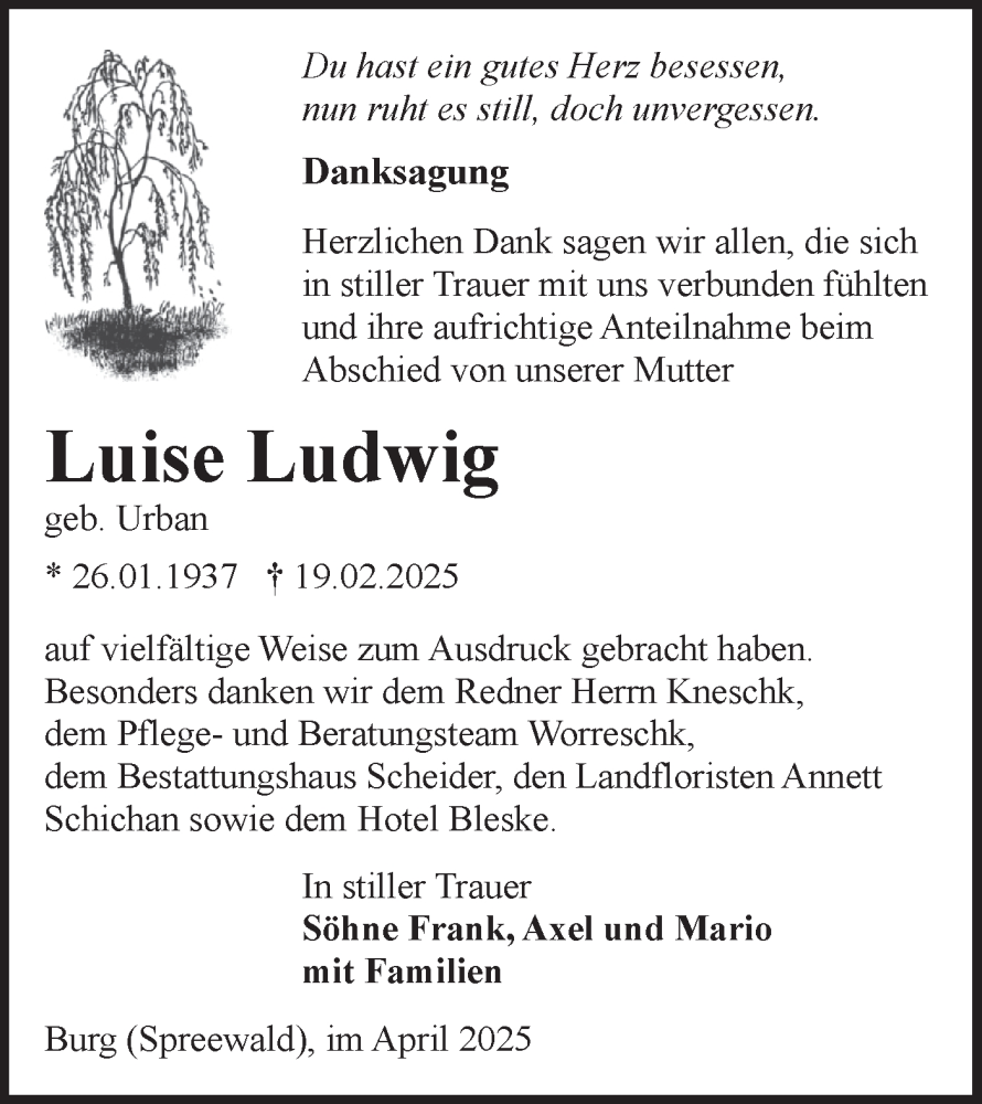  Traueranzeige für Luise Ludwig vom 05.04.2025 aus Lausitzer Rundschau