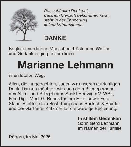 Traueranzeige von Marianne Lehmann von Lausitzer Rundschau