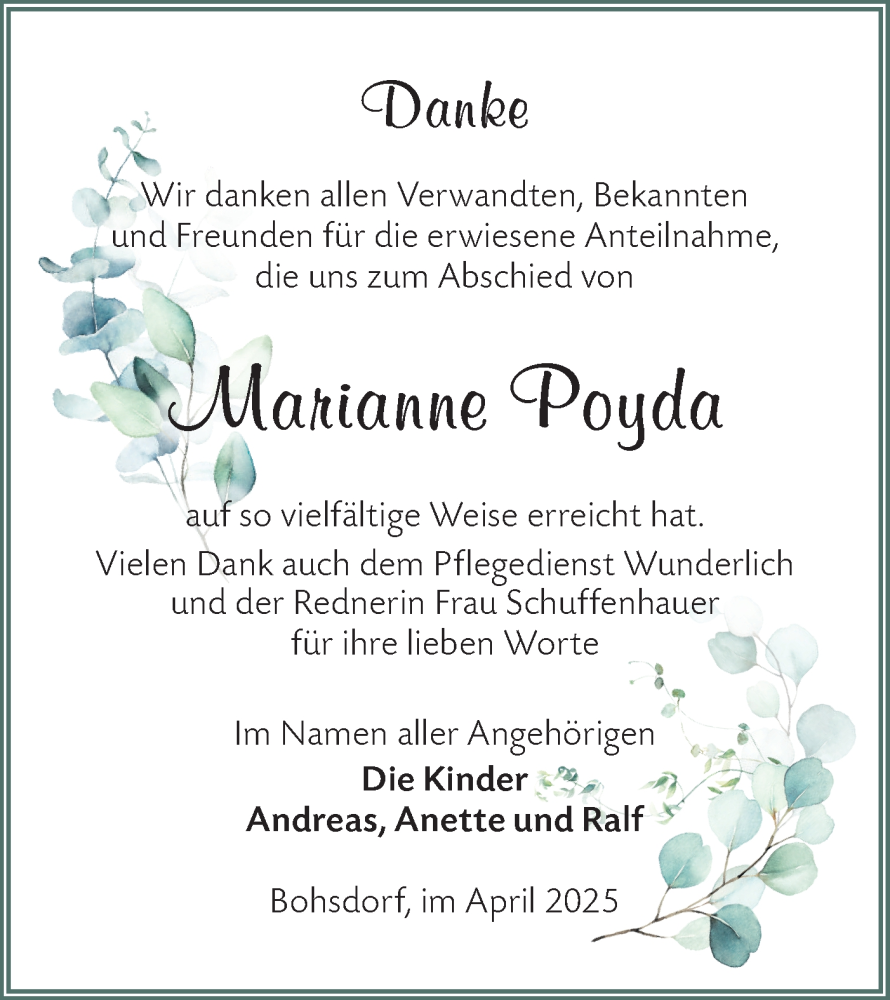  Traueranzeige für Marianne Poyda vom 19.04.2025 aus Lausitzer Rundschau