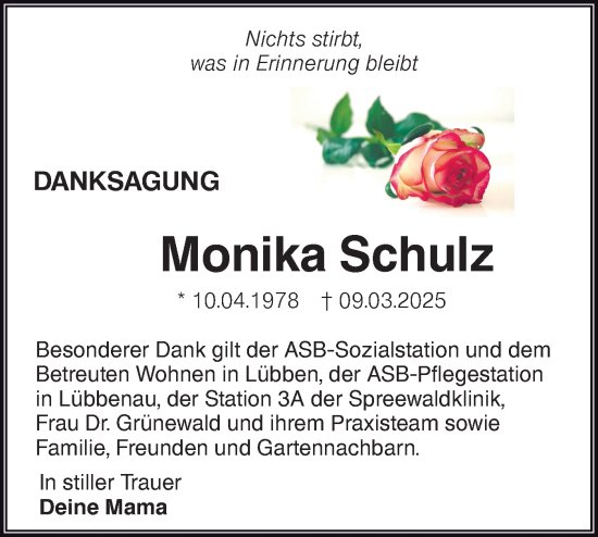 Traueranzeige von Monika Schulz von Lausitzer Rundschau