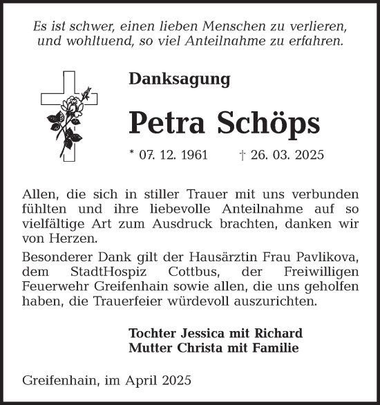 Traueranzeige von Petra Schöps von Lausitzer Rundschau