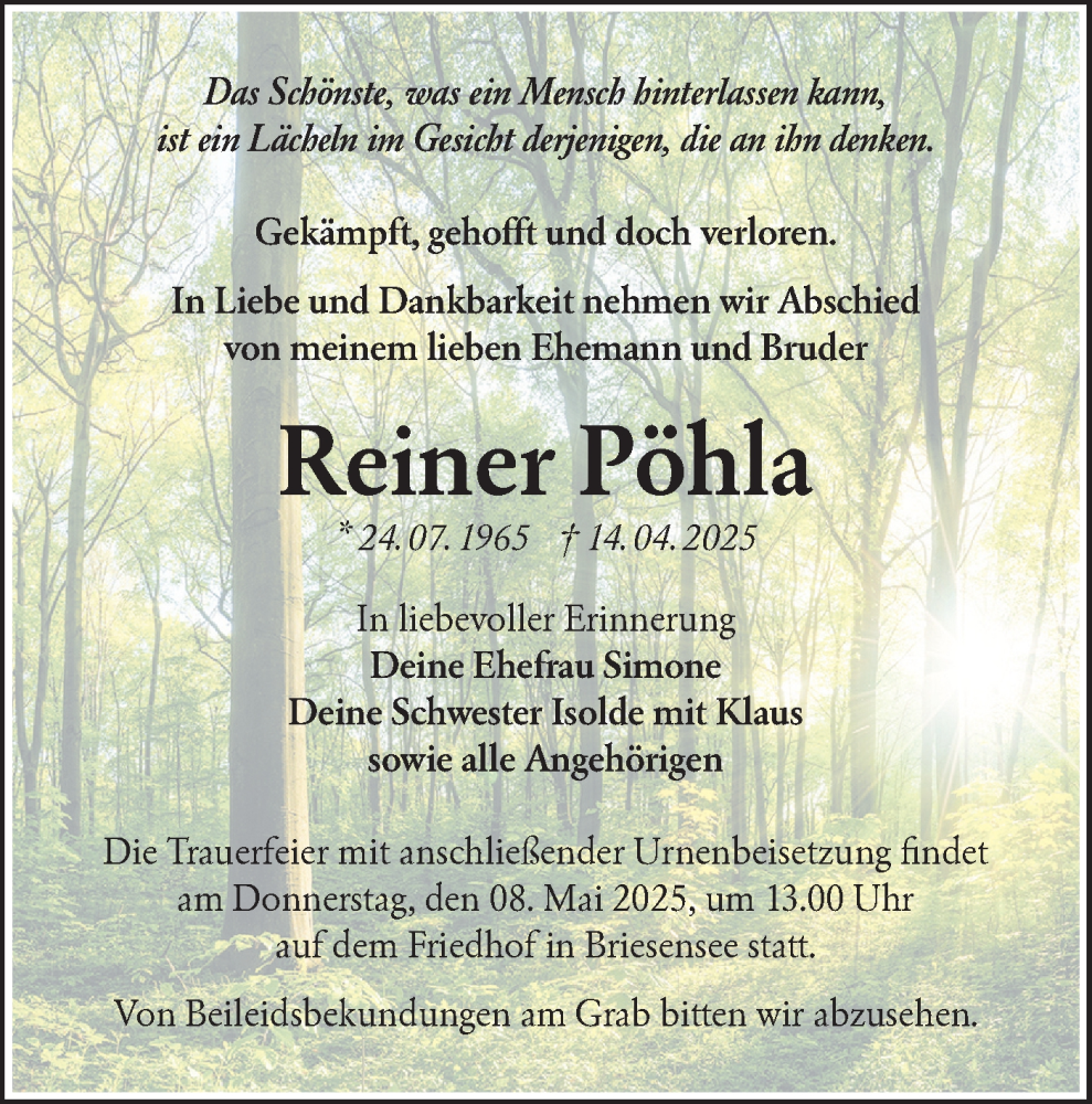  Traueranzeige für Reiner Pöhla vom 26.04.2025 aus Lausitzer Rundschau