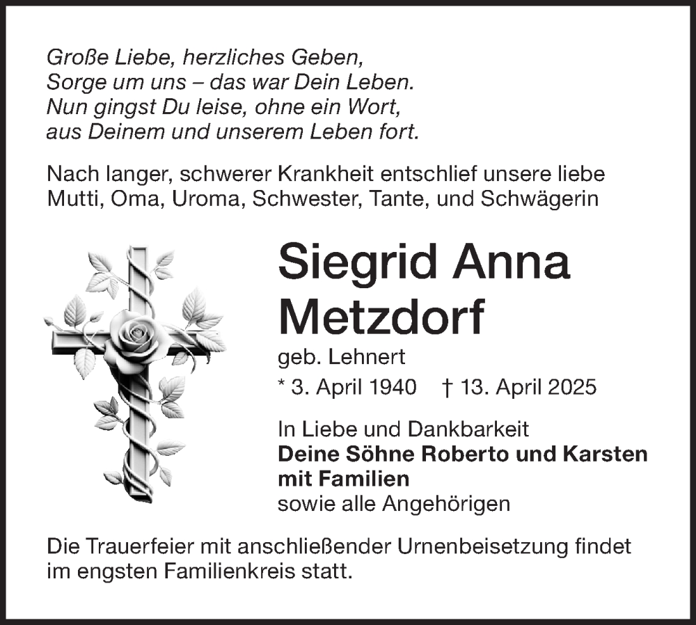  Traueranzeige für Siegrid Anna Metzdorf vom 26.04.2025 aus Lausitzer Rundschau