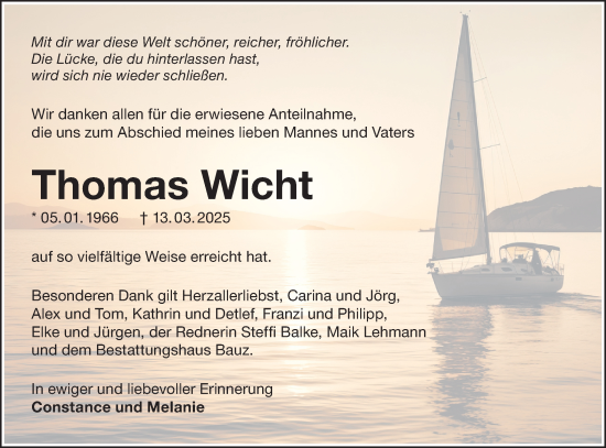Traueranzeige von Thomas Wicht von Lausitzer Rundschau