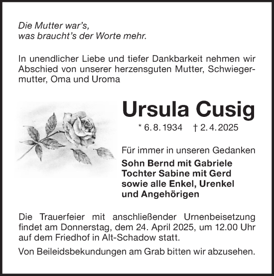 Traueranzeige von Ursula Cusig von Lausitzer Rundschau