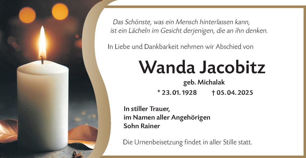  Traueranzeige für Wanda Jacobitz vom 26.04.2025 aus Lausitzer Rundschau
