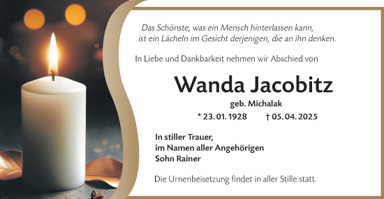 Traueranzeige von Wanda Jacobitz von Lausitzer Rundschau