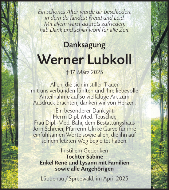 Traueranzeige von Werner Lubkoll von Lausitzer Rundschau