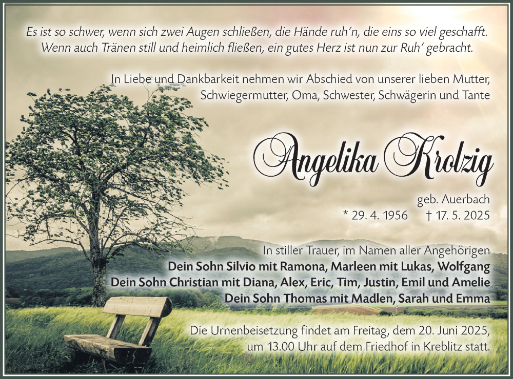  Traueranzeige für Angelika Krolzig vom 31.05.2025 aus Lausitzer Rundschau