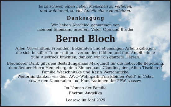 Traueranzeige von Bernd Bloch von Lausitzer Rundschau